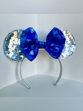 Disney Silver Sequin Minnie Ears Headband with Blue Bow 60th Anniversary
